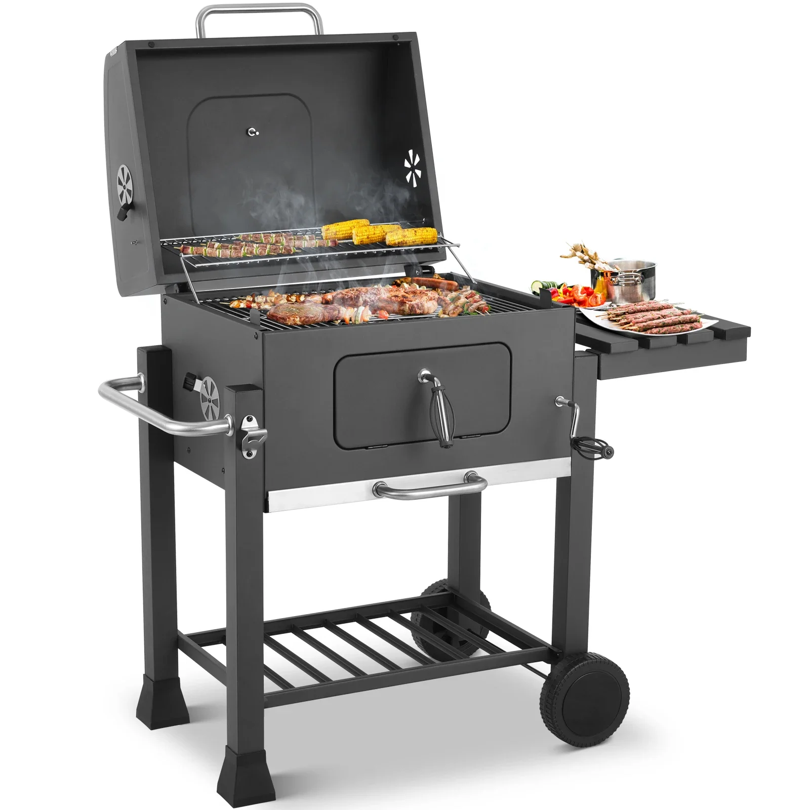 Charcoal Grill with Foldable Side Table, Heavy-duty BBQ Grill, Perfect for Outdoor Picnics Patio Garden and Backyard Grilling