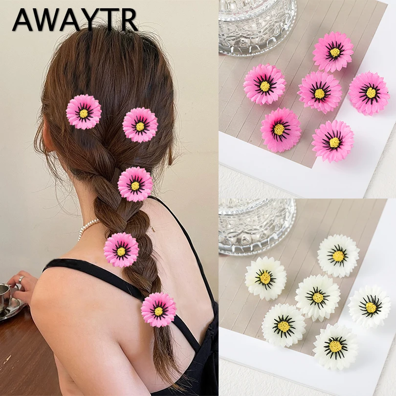 AWAYTR 6 PCS Sweet Pretty Pink Flower Hair Pins Headpiece Fashion Bridal Wedding Daisy Flower Hair Pins Clips