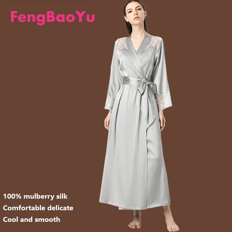 

100% Mulberry Silk Women's Dress Silver Grey Silk Nightgown Long Home Casual Comfortable Lace Bathrobe High-end Women's Clothing