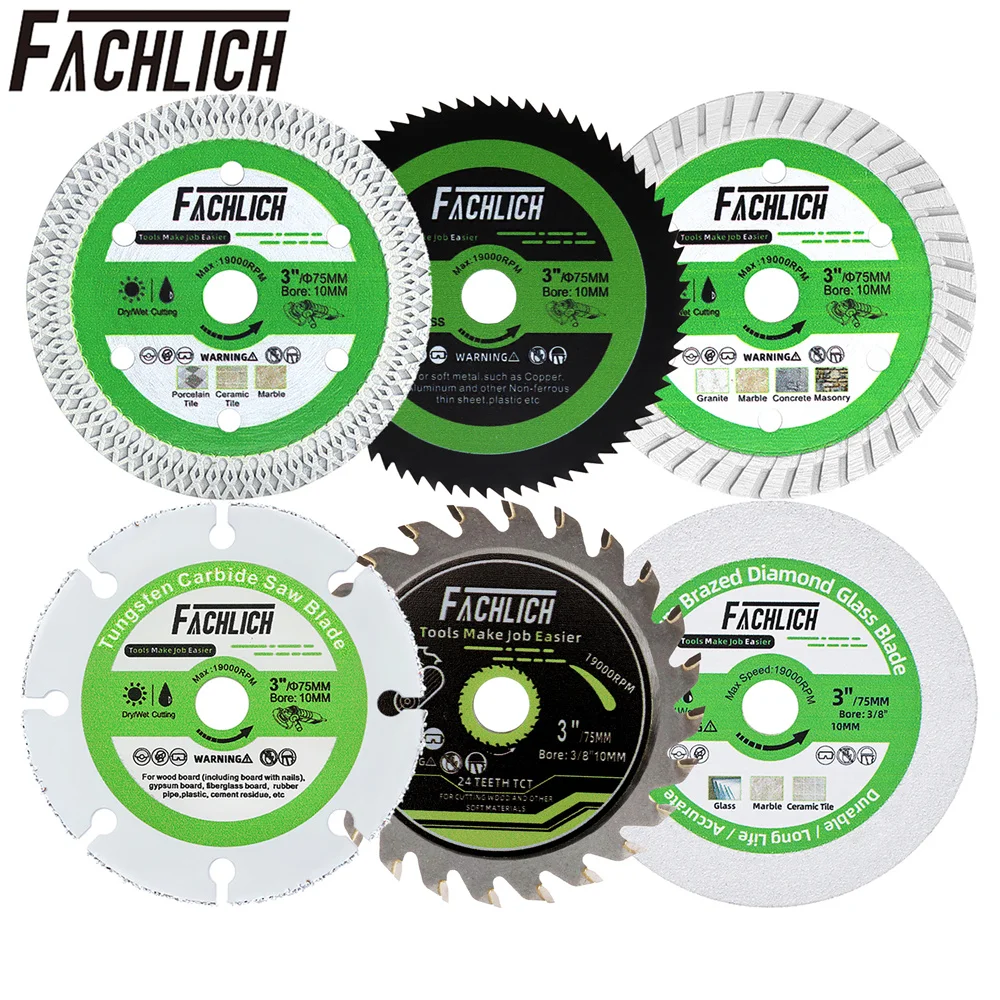 FACHLICH Dia75mm Mini Grinder Cutting Disc Wood PVC Tile Marble Concrete Metal Aluminum Glass Bore10mm 3inch Saw Blade Hand Tool