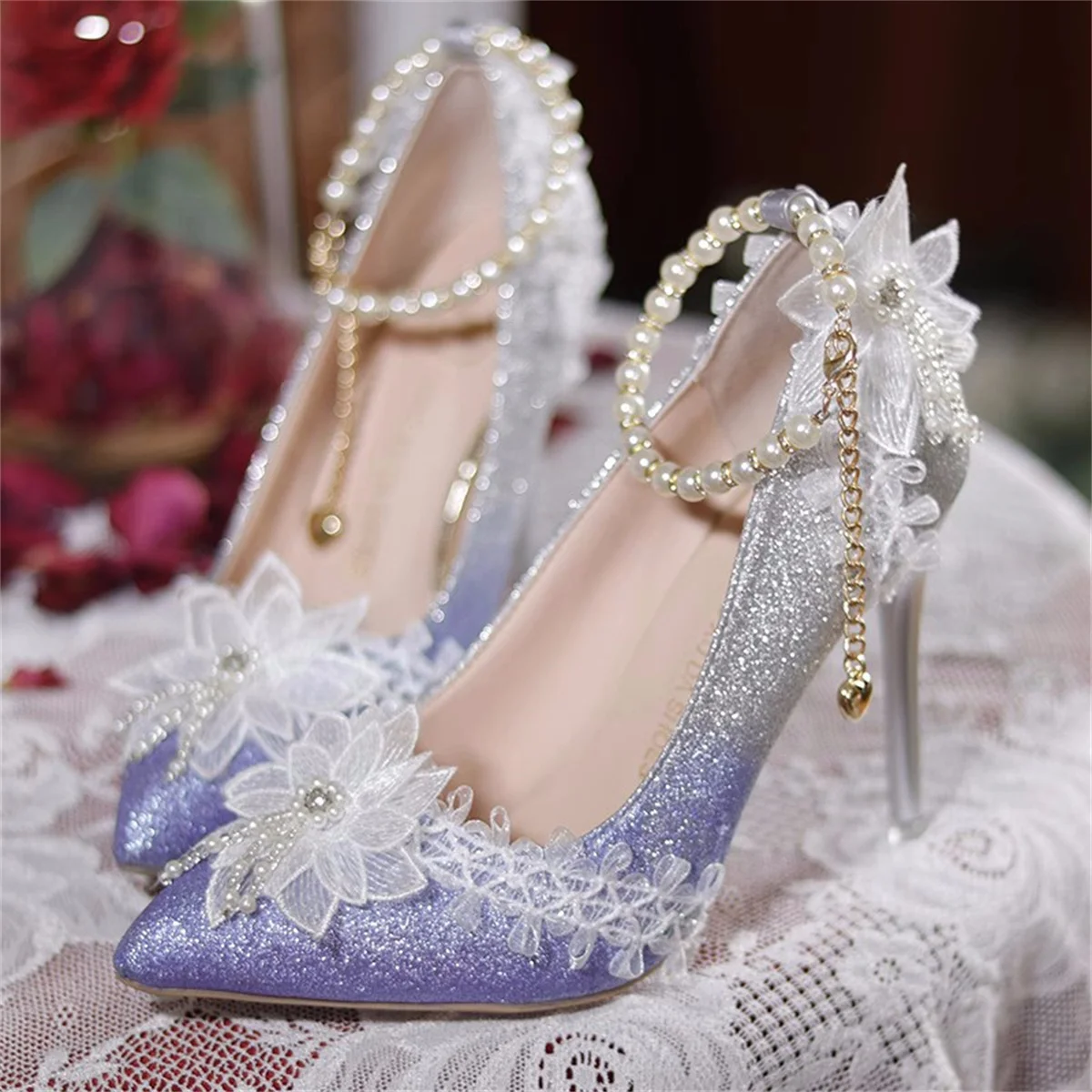 French Elegant Vintage Girl Shoes Gradient Starl Sky Flower Pearls Tassels Pointed Sandals Elegant Tea Party 9cm High Heel Shoes