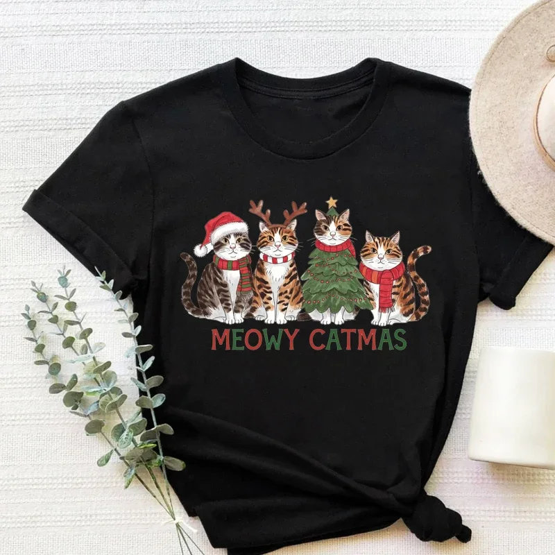

Cat Christmas Tshirt Meow Christmas Mom Tee Christmas Cat Gifts Harajuku Style Women Vintage Clothes XL