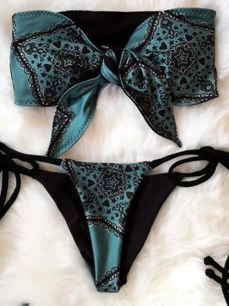 Retro Print Bikini Set 2025 Bow Swimsuit for Women Low Waist Lace-up Thong Swimwear with Straps Summer Vacation Bathing Suit