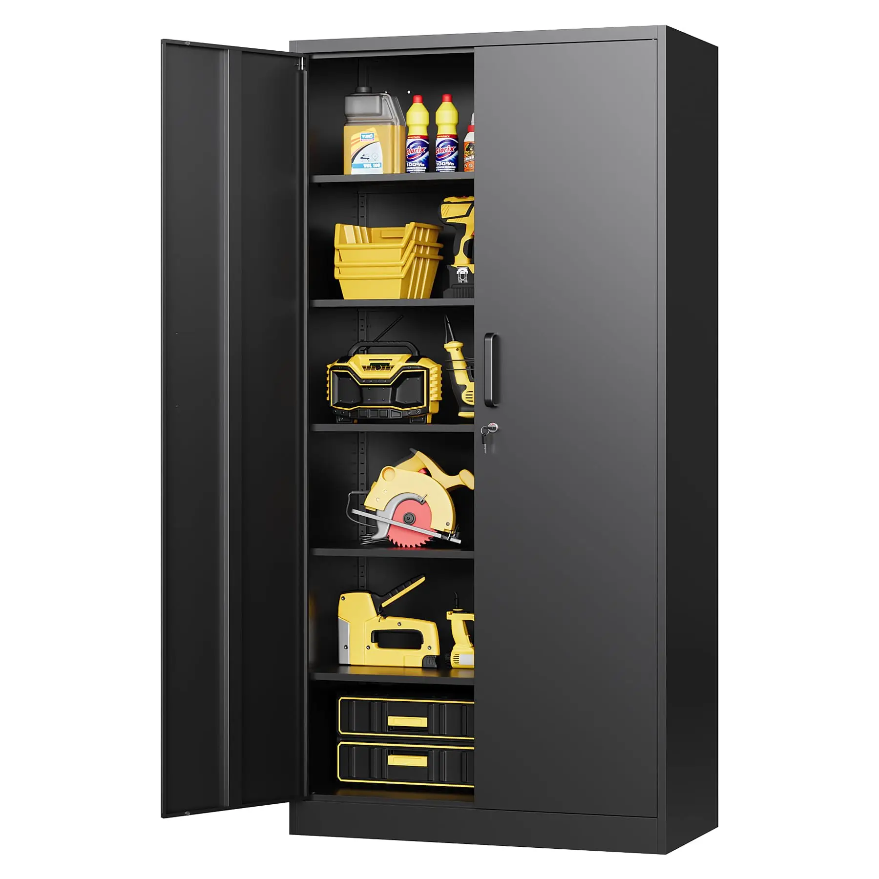 Metal Garage Storage Cabinet with Lock and 5 Adjustable Shelves, Metal Storage Cabinet Steel Tool Cabinets with Locking Door