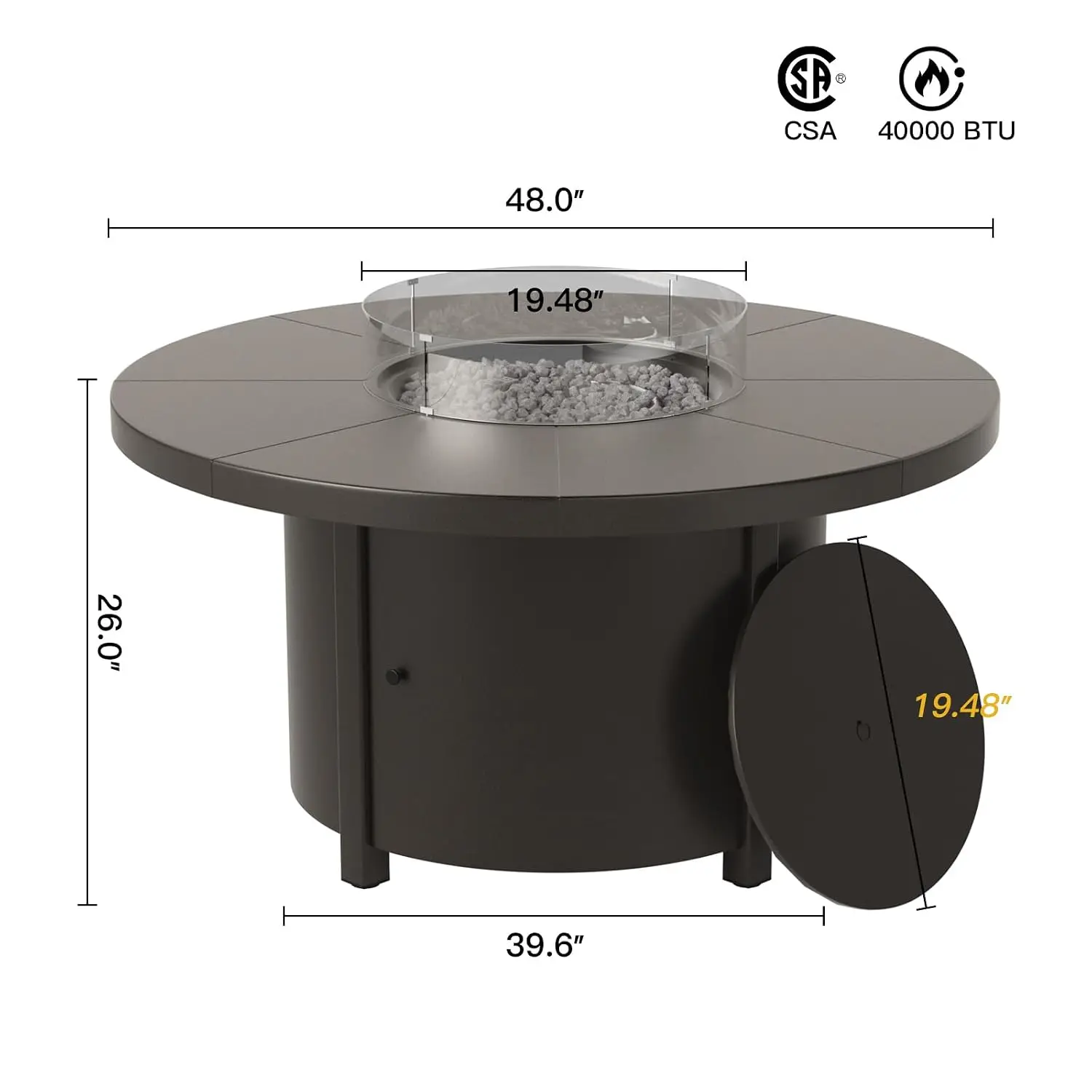 Propane Round Fire Pit Table 48in, 40,000 BTU Auto-Ignition Round Gas Fire Pits, CSA Certification, Wider Desktop, Customized