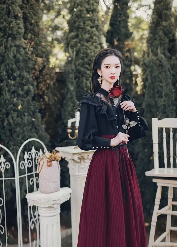 Vintage Gothic Two Piece Dress Sets Women Black Lace Ruffle Blouse + Lace-up Midi Skirt 2024 Winter Court Retro Casual Suits