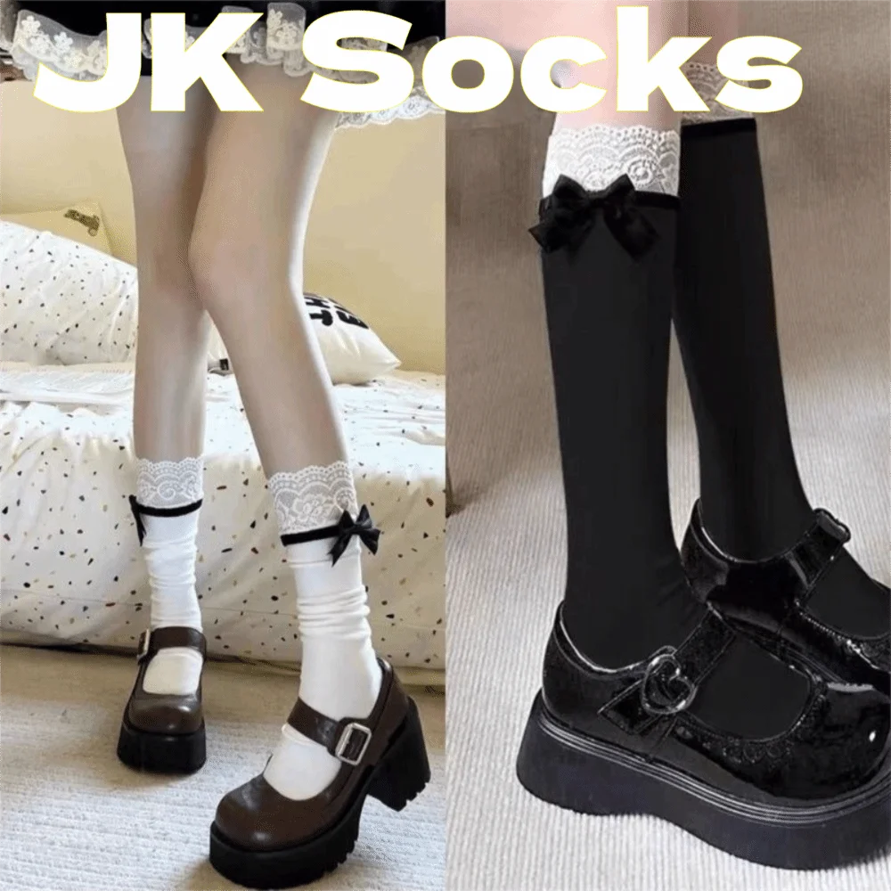 1 Pair Sweet Black/White JK Socks Bow Knot Design Lace Edge Knee-high Socks Thin Fabric Lolita Socks Summer Wea