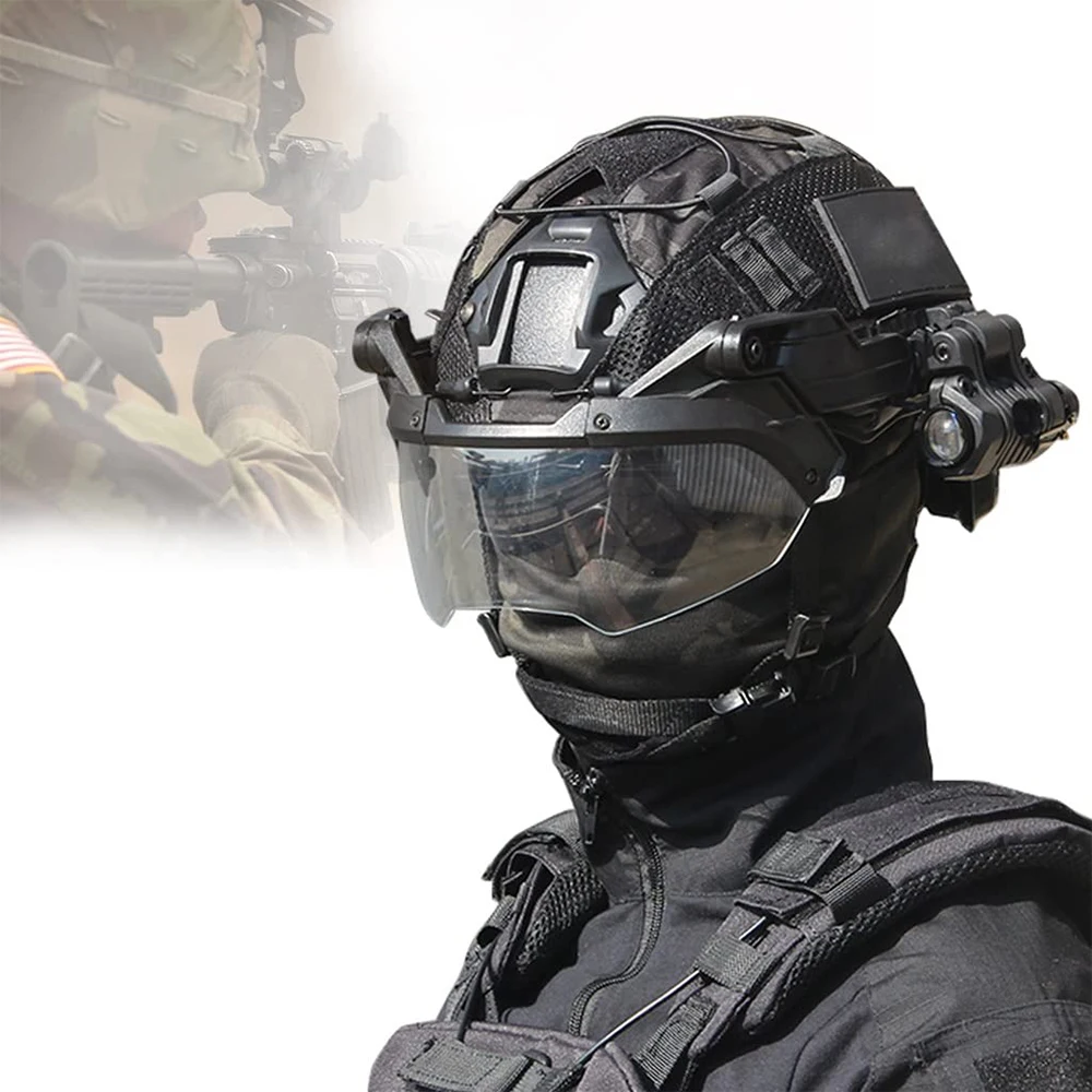 Tactical Airsoft Protective Helmet, with Goggles & Flashlight Adjustable Visor, Paintball Game Helmets Set with Camouflage Cover