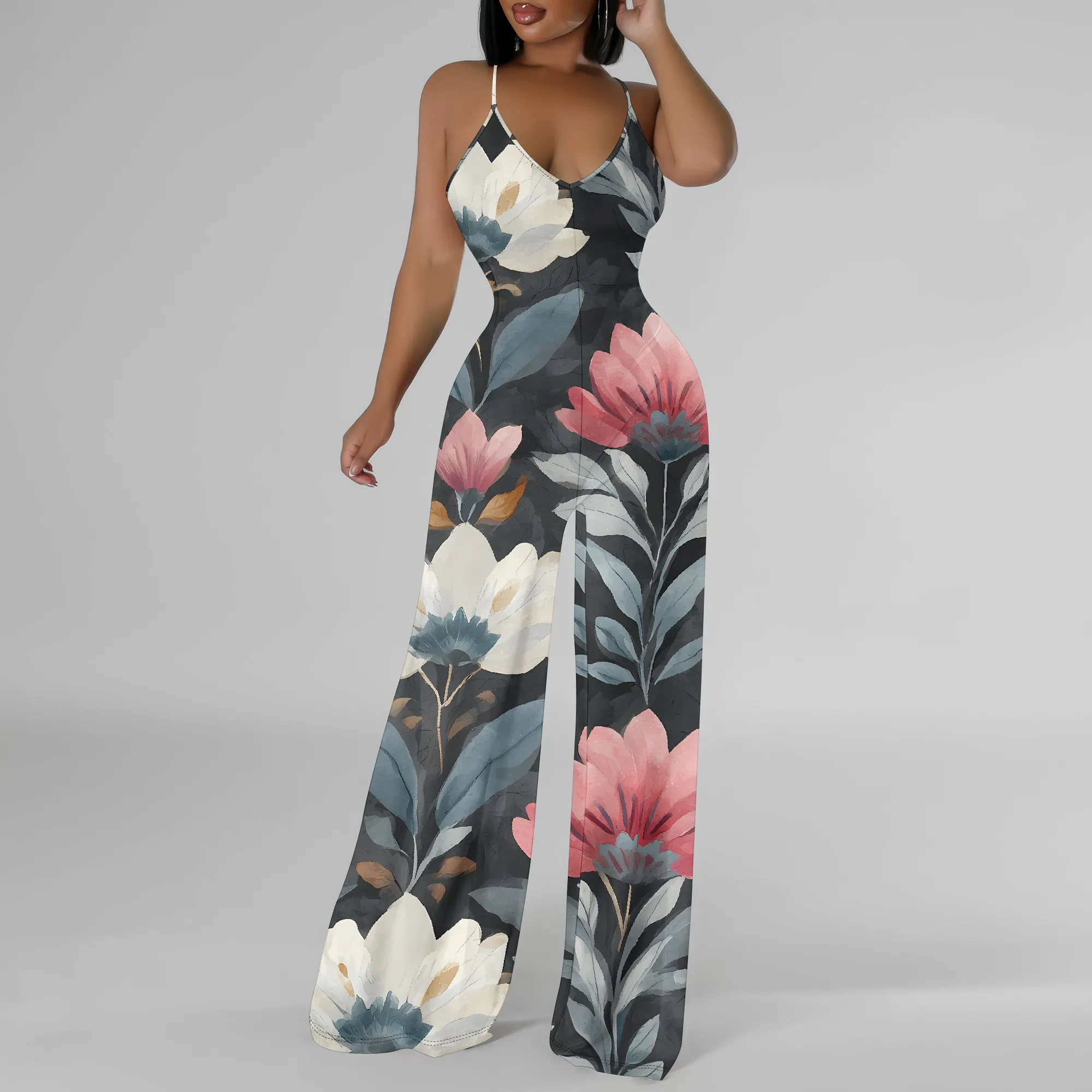 

Elegant Women's Floral Print Sleeveless Wide Leg Jumpsuit Deep V Neck Casual Holiday Party Jumpsuit Outfit