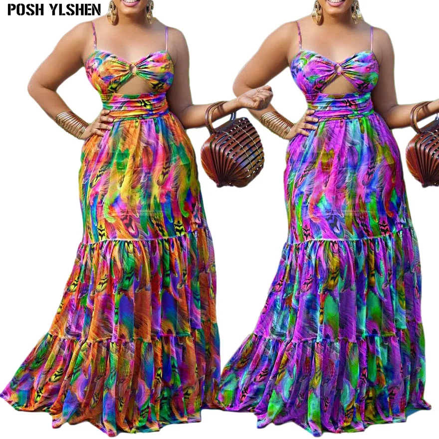 

African Women Sexy Spaghetti Strap Maxi Dresses Summer Vintage Casual Sleeveless Dress Female Camisole Long Party Dress Vestidos