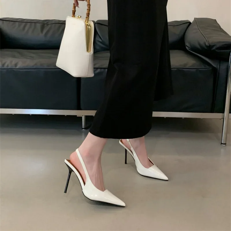 2025 Summer Women's Simple Pumps Sexy Pointed Toe Patent Leather Ankle Strap Stiletto High Heel Sandals Party Dress Shoes