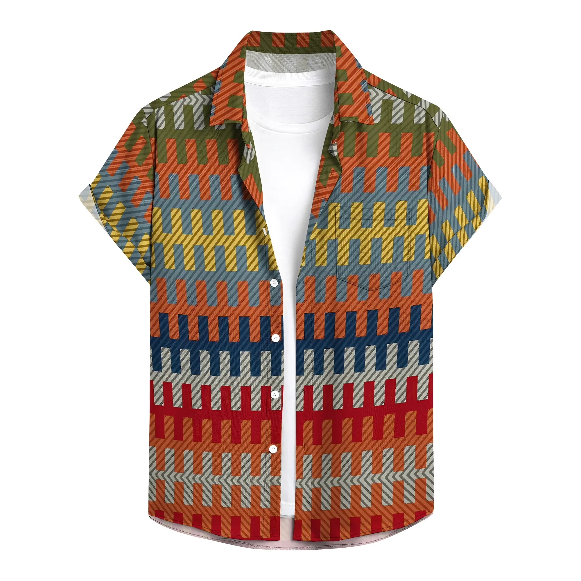 YEAE Colorful Weave Pattern Print Shirt for Men Summer Casual Short Sleeve Top