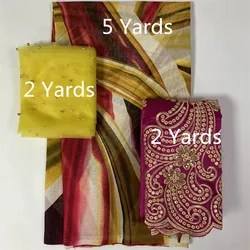New 3 Piece Set Fashion High Quality Cotton printed 2+5+2 Yards /Set Lace Fabric For Women's Dress Textile material.L10.17