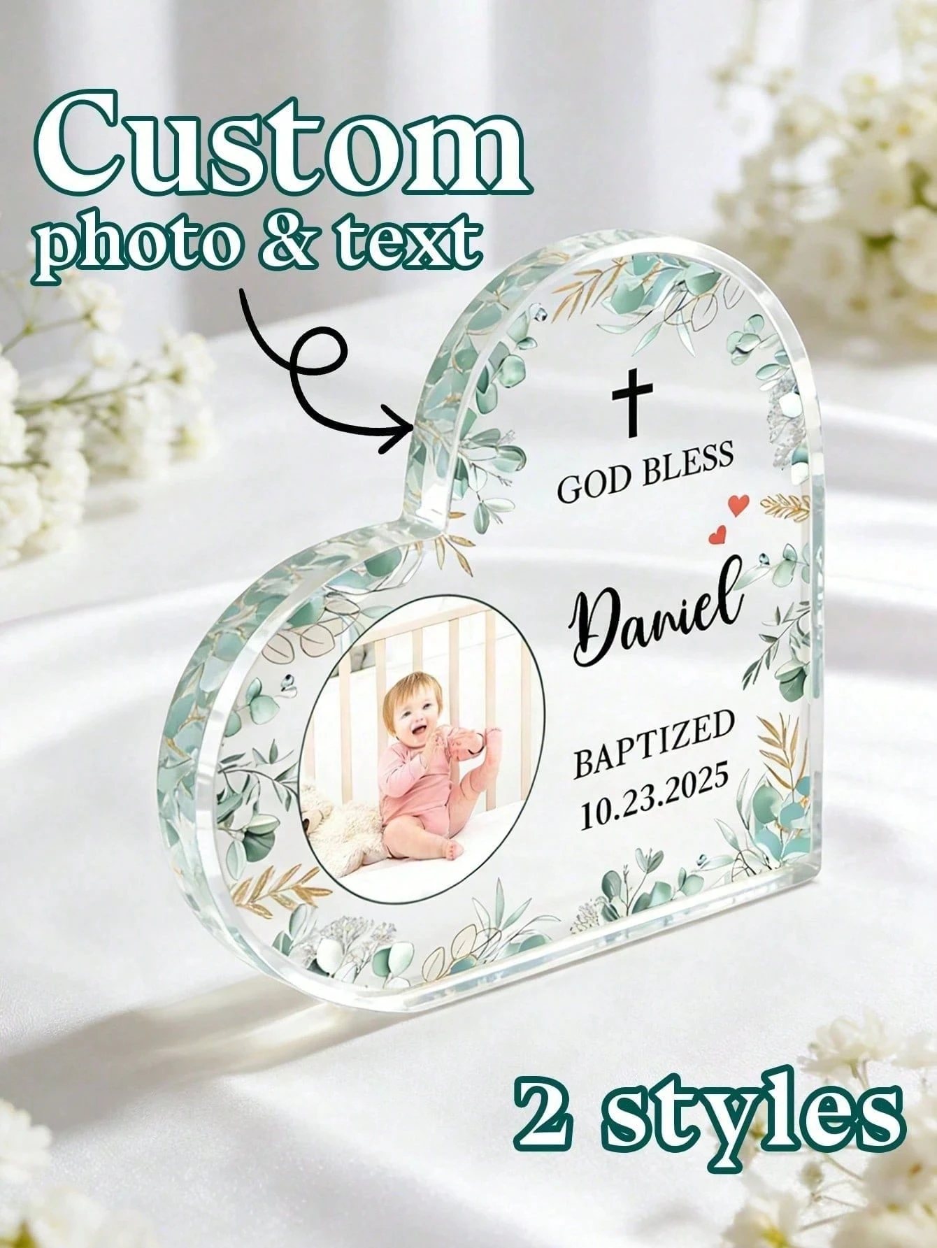 Custom 1pc Heart-Shaped Baptism Plaque, Heart-Shaped Acrylic Photo Frame Decor, Acrylic Photo Frame Ornament, Family Photo Frame