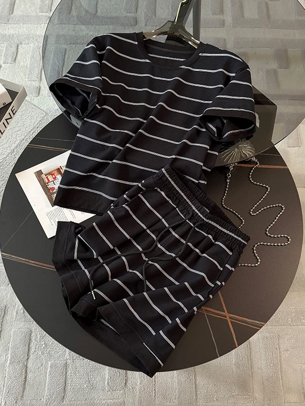 

Fashionable Anti-Aging Casual Sportswear Set Women's Short Sleeve T-Shirt Shorts Two-Piece Set Summer Slimming Black Stripes