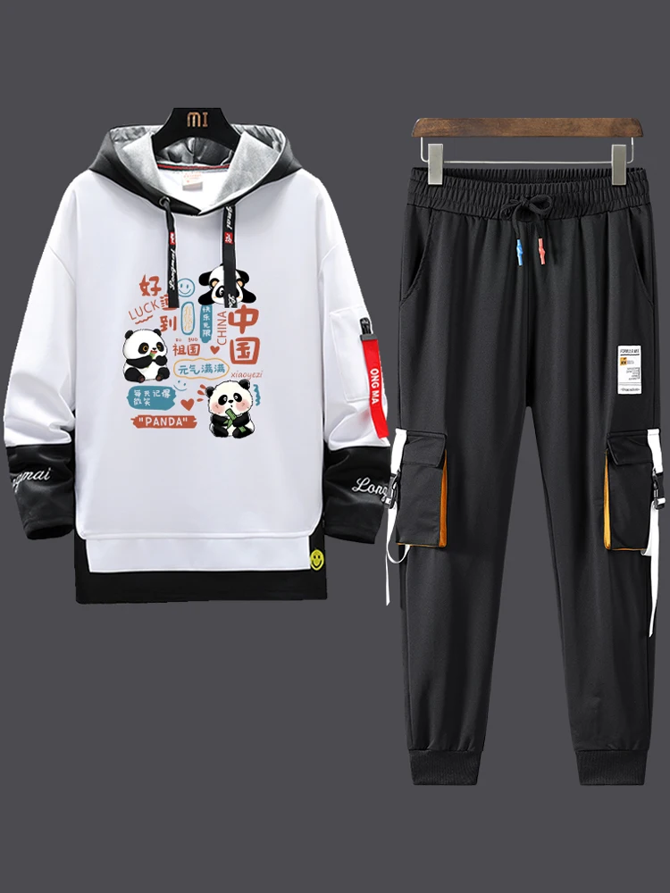 

Мужской комплект худи для подростков: модный повседневный спортивный костюм из двух предметов (худи и длинные брюки) для весны и осени, из полиэстера, с принтом.