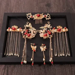 Women Fashion Xiuhe Headwear Accessories Chinese Hanfu Bridal Hair Accessories Set Tassel Dragon Phoenix Coat Hair Accessories