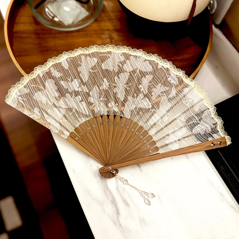 Lace Butterfly Trim Folding Fan Portable Summer Cooling Daily Fan for Women Lolita Renaissance Style Chinese Lightweight Gift