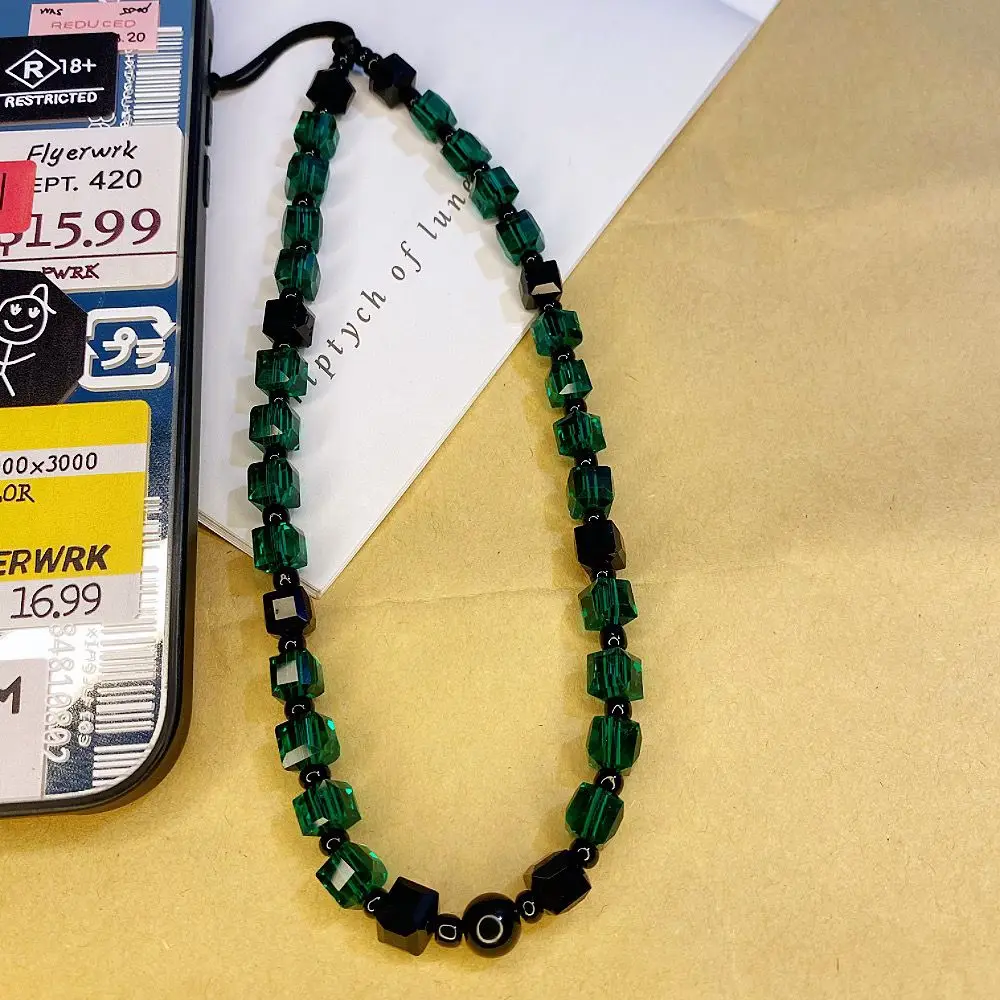 Mlgm22 Dark Green Square Crystal Phone Chain Goddess Style High-end Feel Wrist Universal Short Hanging Rope Pendant