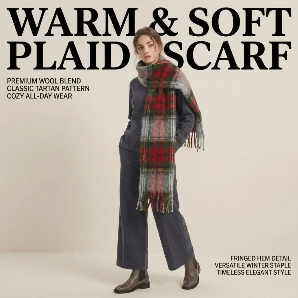 Elegant Long Plaid Scarf Plush Retro Tassel Shawl Imitation Cashmere Preppy Warm Wraps Student