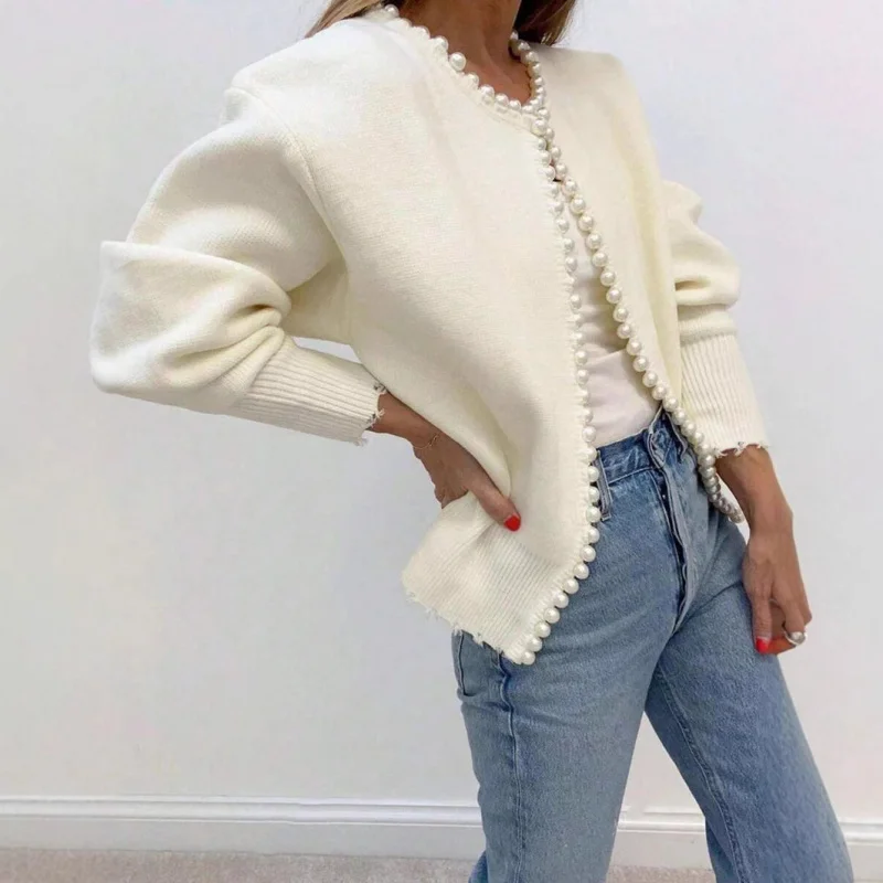 

European and American Round Neck Pearl Trim Knitted Short Long Sleeve Cardigan Sweater Fashionable Coat Women