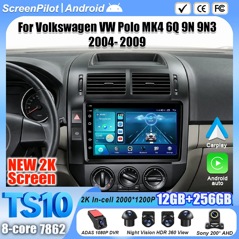 Android 16 For Volkswagen VW Polo MK4 6Q 9N 9N3 2004- 2009 Car Radio Stereo Head Unit Multimedia Video Player  2K QLED 9 Inch 5G