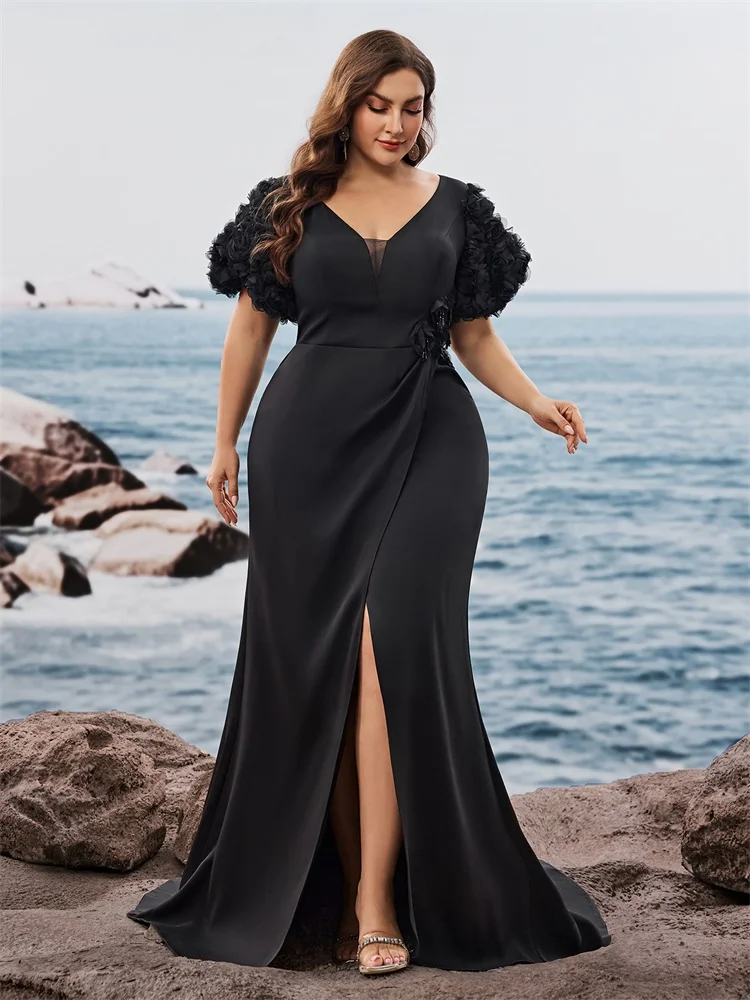 

Plus Size Elegant Short Sleeves Satin Patchwork Formal Evening Dresses Luxury Slit Mermaid Party Maxi Cocktail Gowns