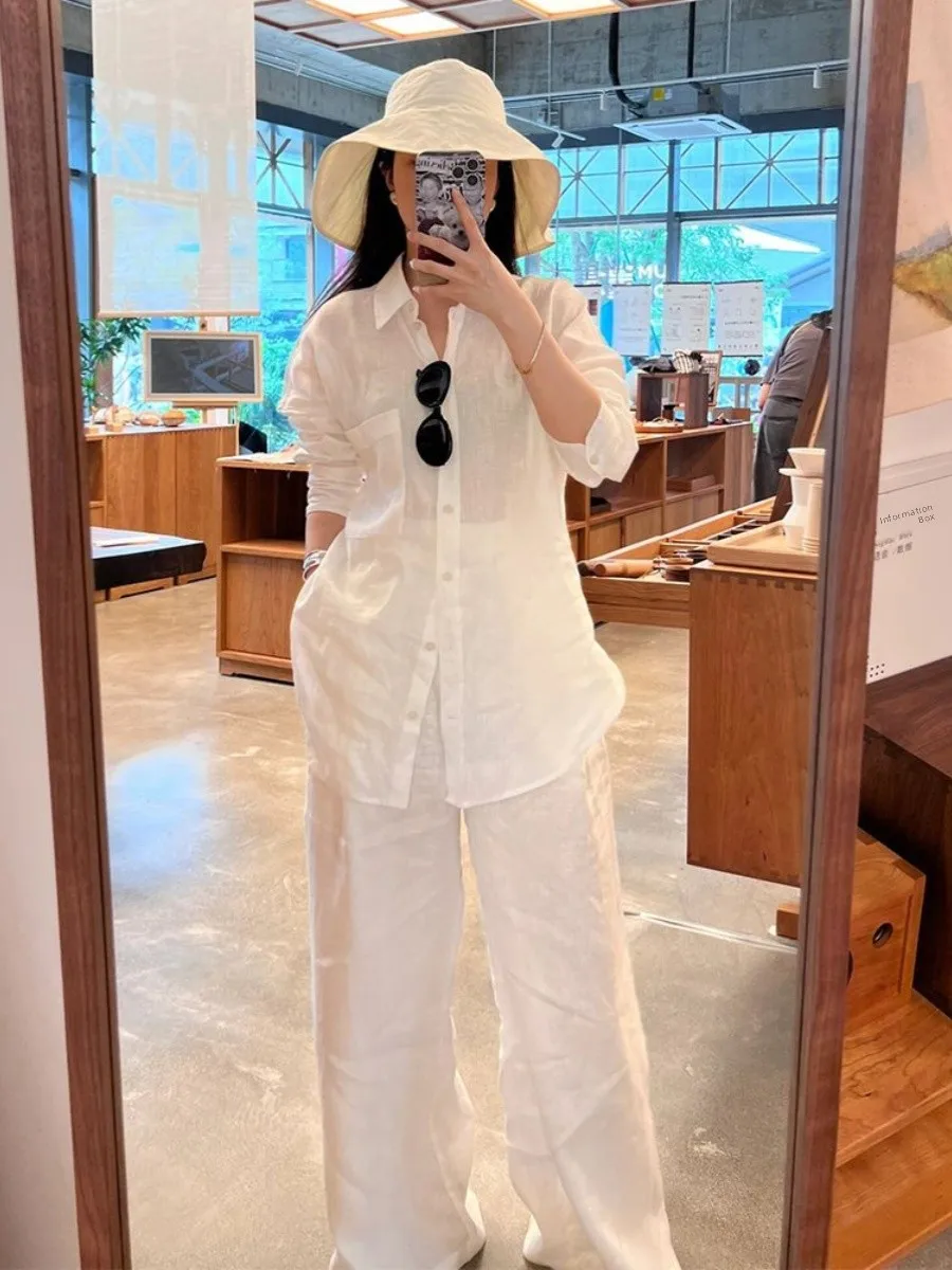 

Ele белые хлопковые и льняные широкие брюки, комплект из двух предметов, женский летний наряд с воротником, длинный свек, девять очков