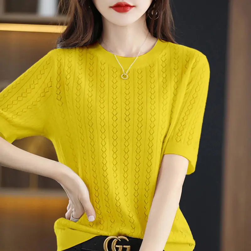 Fashion O-Neck Knitted Solid Color All-match Blouse Women\'s Clothing 2023 Summer New Oversized Casual Pullovers Korean Shirt