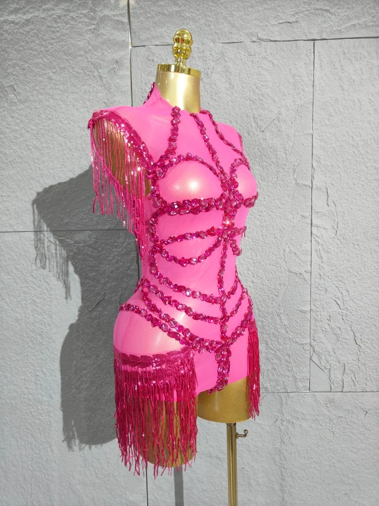 Avant-Garde Sexy Shining Sequins Tassel High Stretch Bodycon Bodysuit Latin Dancer Performance Costume Stage Wear