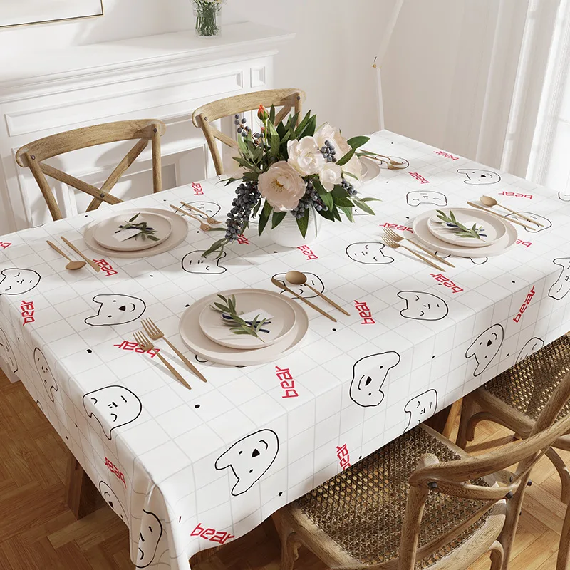 Cute Cartoon Teddy Bear Printed Tablecloth Household Waterproof and Oil Resistant Tea Table Coffee Table Mat TV Dustproof Cloth