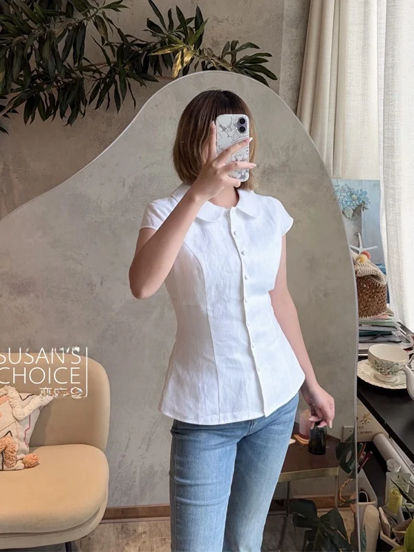 

Susan Lovers Short Sleeve Linen Shirt Waist Cinched Bow Tie Cute Girl Collar Youthful Style Women's Fashion Summer Shirt