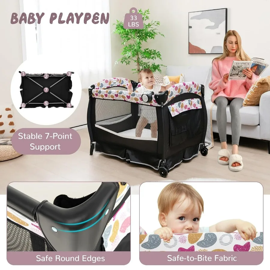 Pack and Play 4 in 1 Portable Baby Crib Playpen w Bassinet Changing Table Canopy Mattress Music Box Storage Bag Foldable Pack n