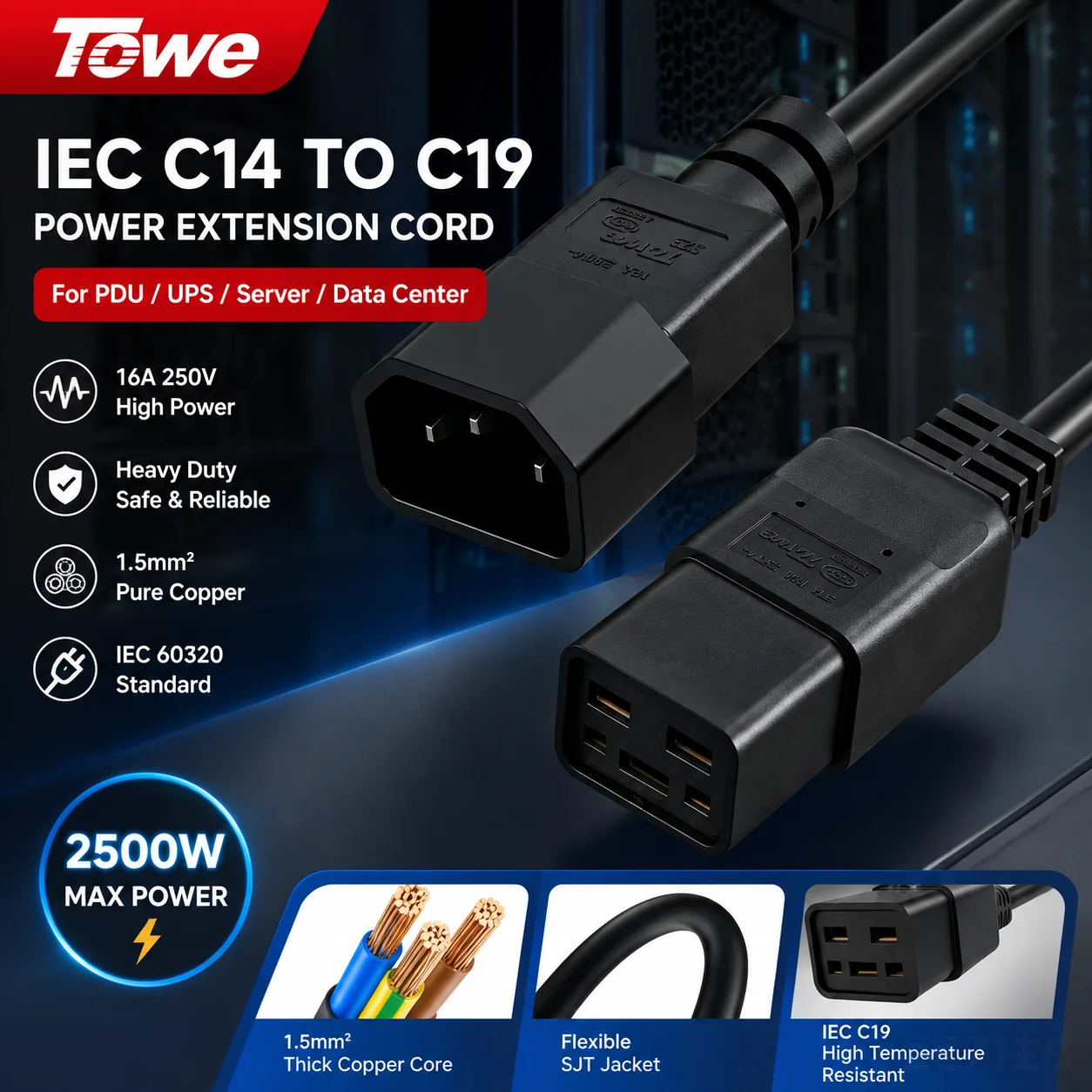 TOWE IEC 60320 C14 to C19 Power Cable 16A 250V Heavy Duty High Current Extension Cord for Server Rack PDU UPS Data Center