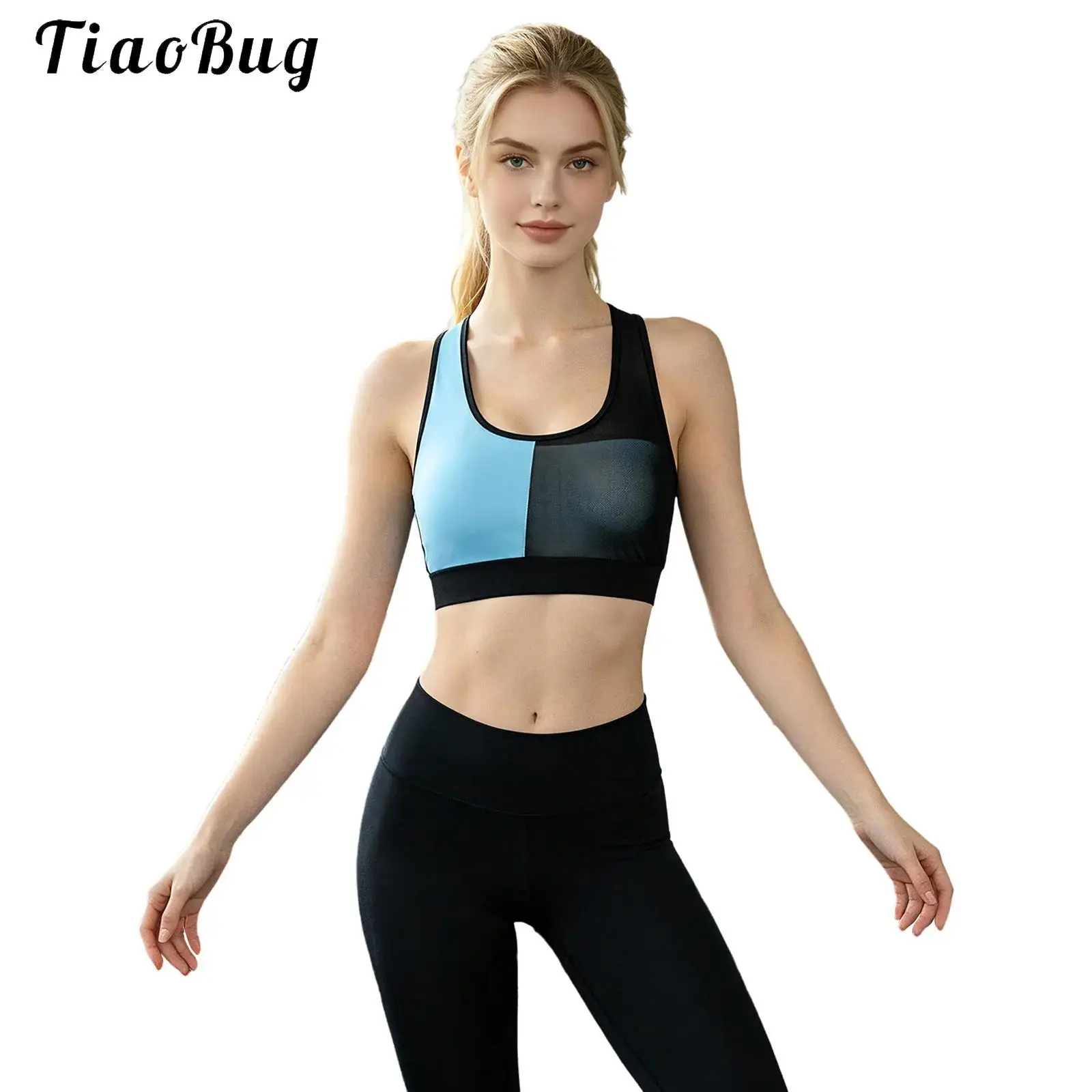 Women Yoga Bra Sleeveless Mesh Patchwork Tank Top Elastic Hem Athletic Vest U Neck Removable Chest Pads Bralette