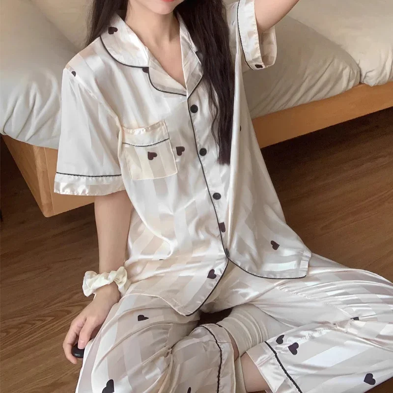 Pyjama imprimé en forme de cœur pour femme, vêtements d'intérieur rayés, vêtements de nuit Y2K, français, doux, élégant, noir, coréen, ins, Harajuku, été, nouveau, 2024