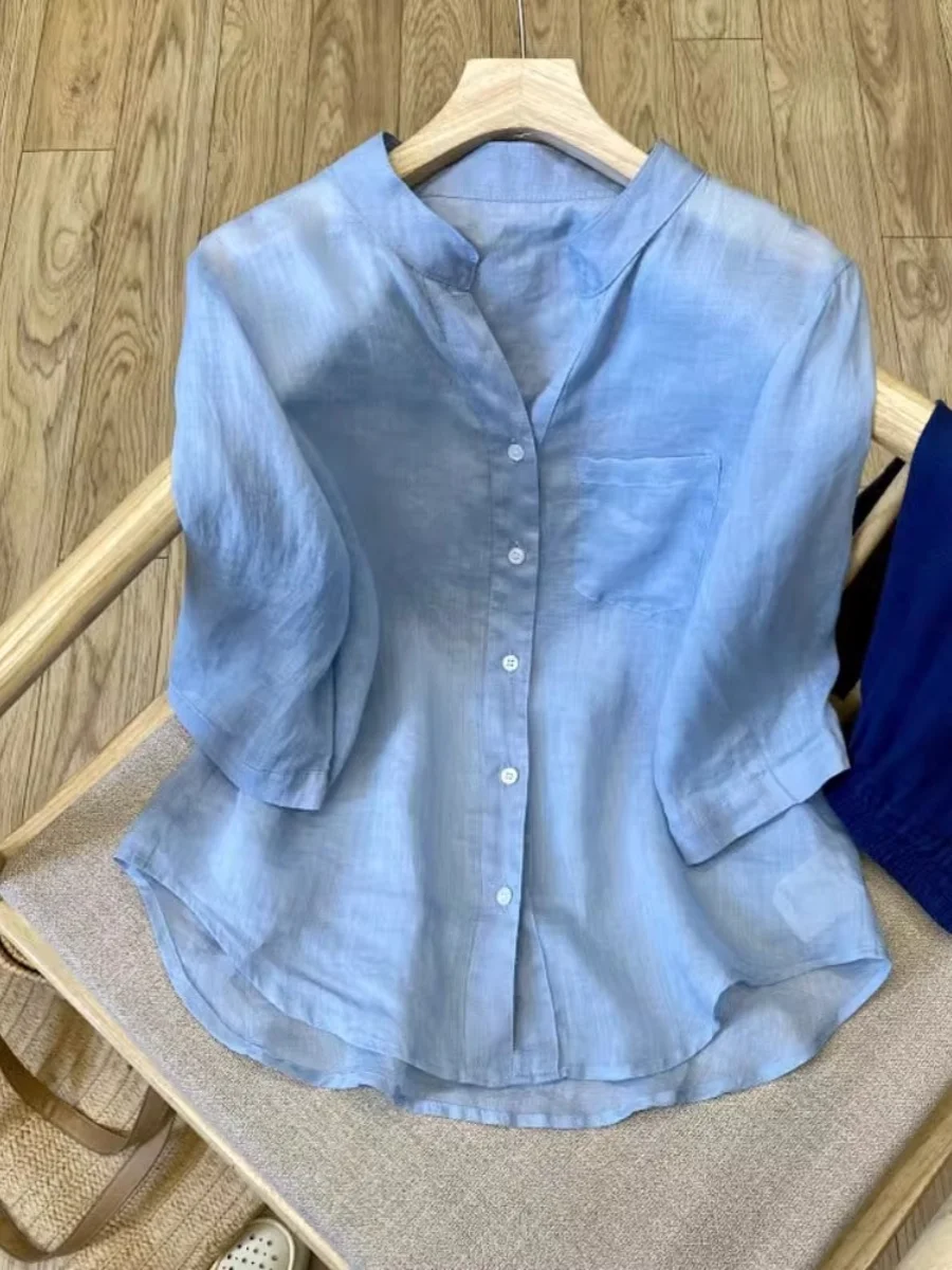 

Comfortable Linen V-Ne irt Women's Summer Loose Faionable Commuting Top Five-Quarter Sve Simple Ele Sle