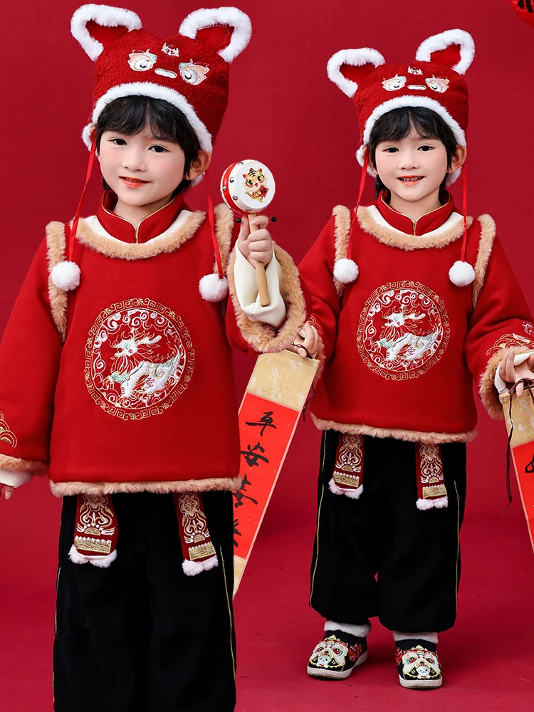 

Детская праздничная одежда: Новогодний красный наряд Ханьфу в стиле Тан, зимний костюм из полиэстера для мальчиков-малышей