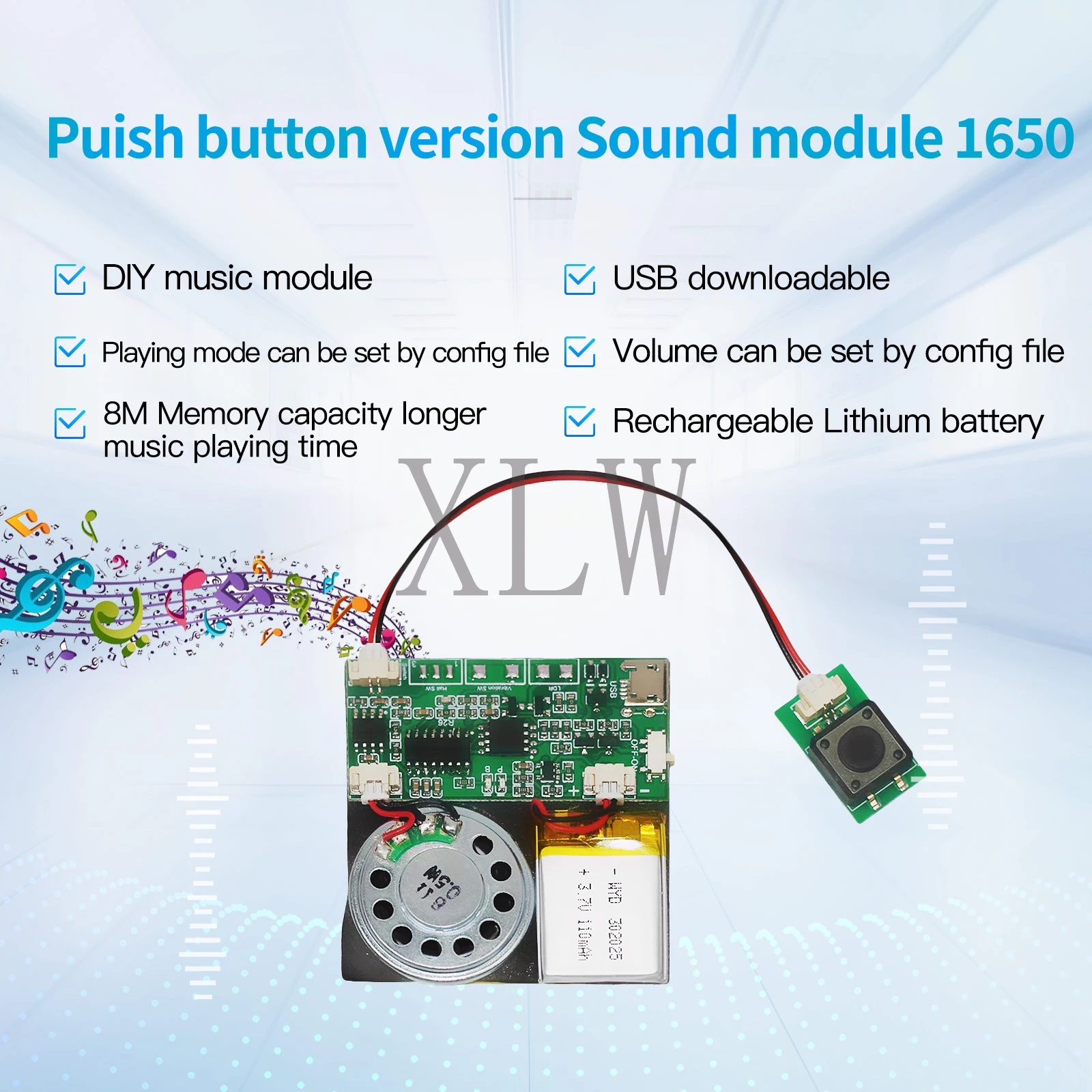 8MB Push Button Sound Module USB Downloadable & Recordable & Rechargeable with MP3 Audio Playback for Xmas Greeting Card Gifts.