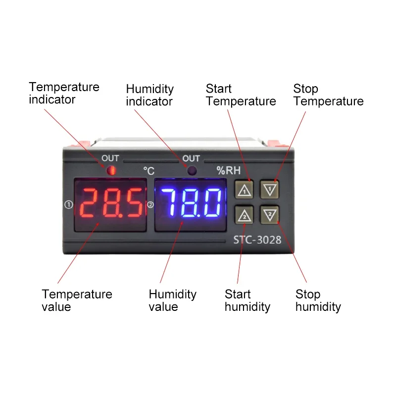 STC-3028 LED Digital Thermostat Temperature Humidity Controller Thermometer Sensor Hygrometer 10A Adjustable Cooler Heater