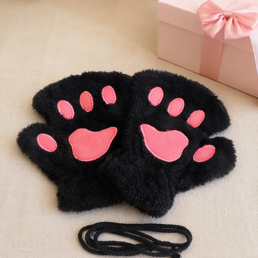 2 Pairs of Cute Cat Paw Half-Finger Plush Gloves in Random Colors, Thickened and Warm for Autumn and Winter, with Embroidered Paw Prints and Fingerless Design, Equipped with a Lanyard to Prevent Loss, Flexible for Writing and Using Mobile Phones, Suitable for Daily Wear, Cosplay Party Outfits, and Christmas Gifts