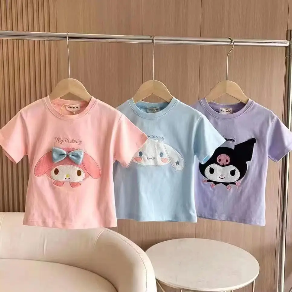 Anime Sanrios My Melody Kuromi Kids Short Sleeve Cinnamoroll Boys Girls Cartoon Cotton T-Shirt Fashion Summer Tops Child Clothes