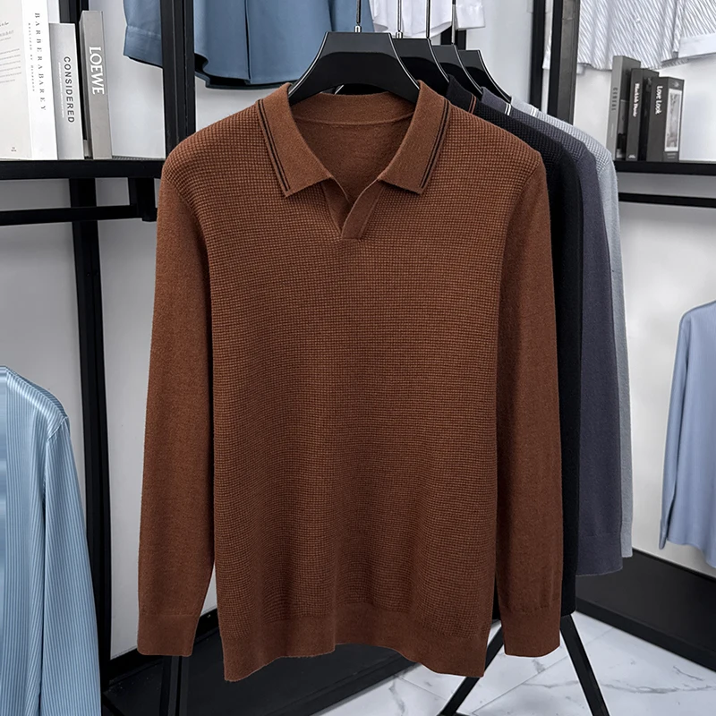 Sweter Rajut Kerah V Kecil Lengan Panjang Pria Merk High End, Warna Solid Model Waffle, Musim Gugur Musim Dingin, Tren Kasual Pakaian Pria Terbaru