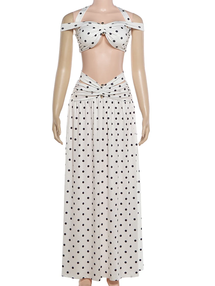 Nibber Chic Vacation 2-teiliges Set für Damen mit Polka-Dot-Print, sexy Neckholder-Bandagen-Crop-Tops mit Schrägausschnitt + hohler, geraffter Rock, Trendanzüge – Detail 15