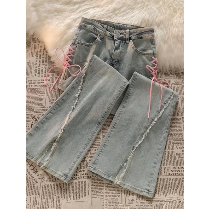 

Women Jeans Korean Retro Tassel Split Flared Pants Casual All Match Female High Waist Straight Denim Trousers