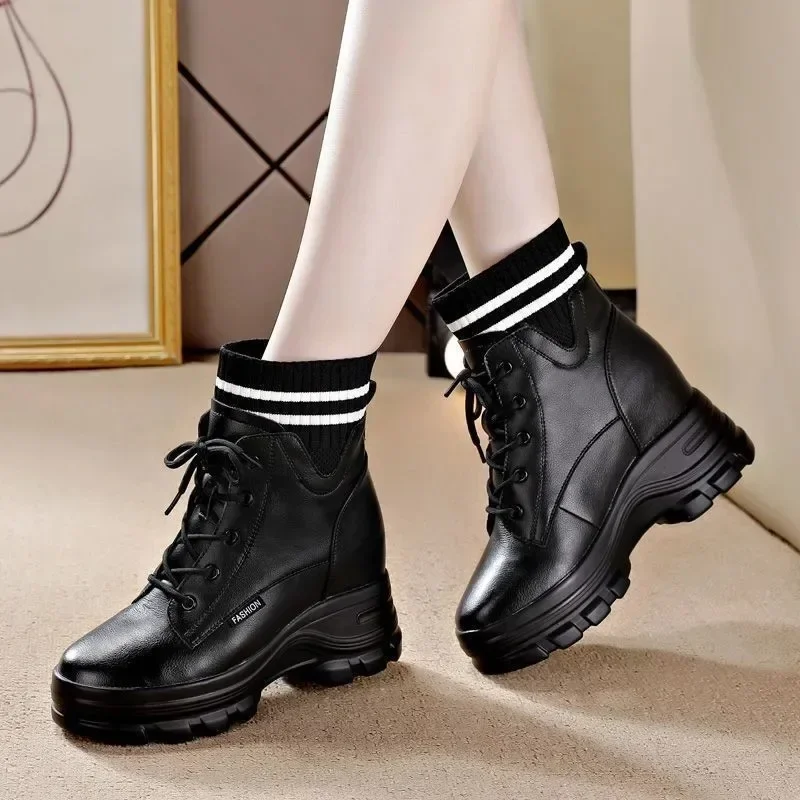 9cm Autmn Heel Platform Wedge Women Ankle Boots Knitting Genuine Leather Warm Fur Hidden Heel Height Women Winter Boots Shoes