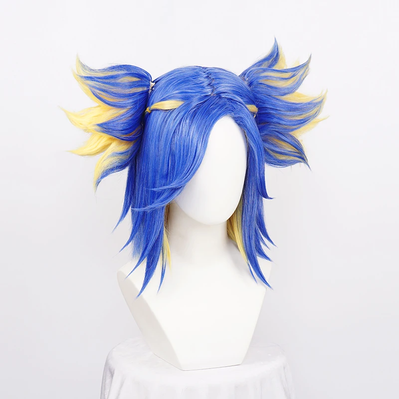 Peluca de neón Valorant para Cosplay, pelo sintético resistente al calor, corto, azul, amarillo, mezclado, juego de rol para Halloween