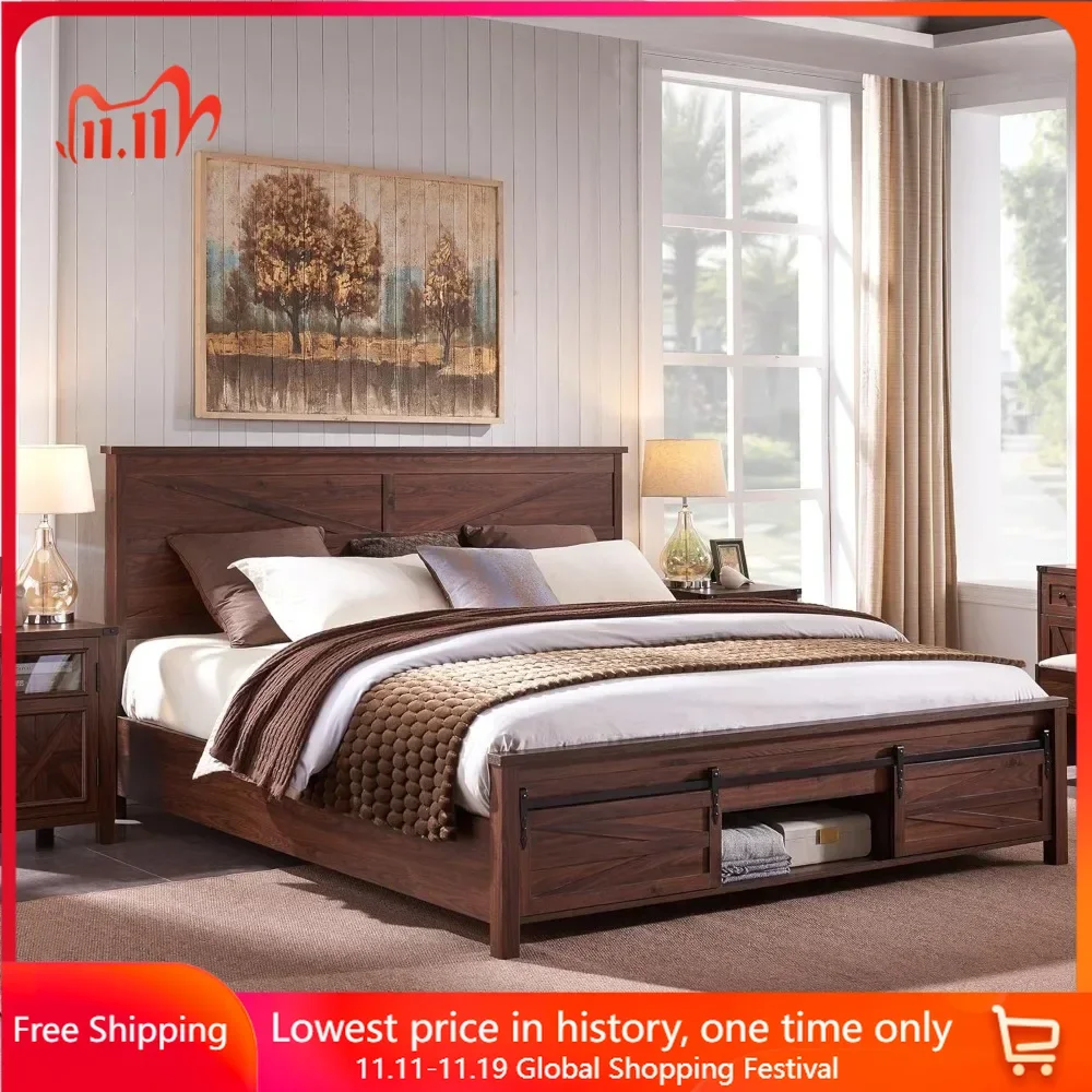 King Bed Frame with Sliding Barn Door Storage Cabinets, Solid Wood Slats Support, Bed Frame