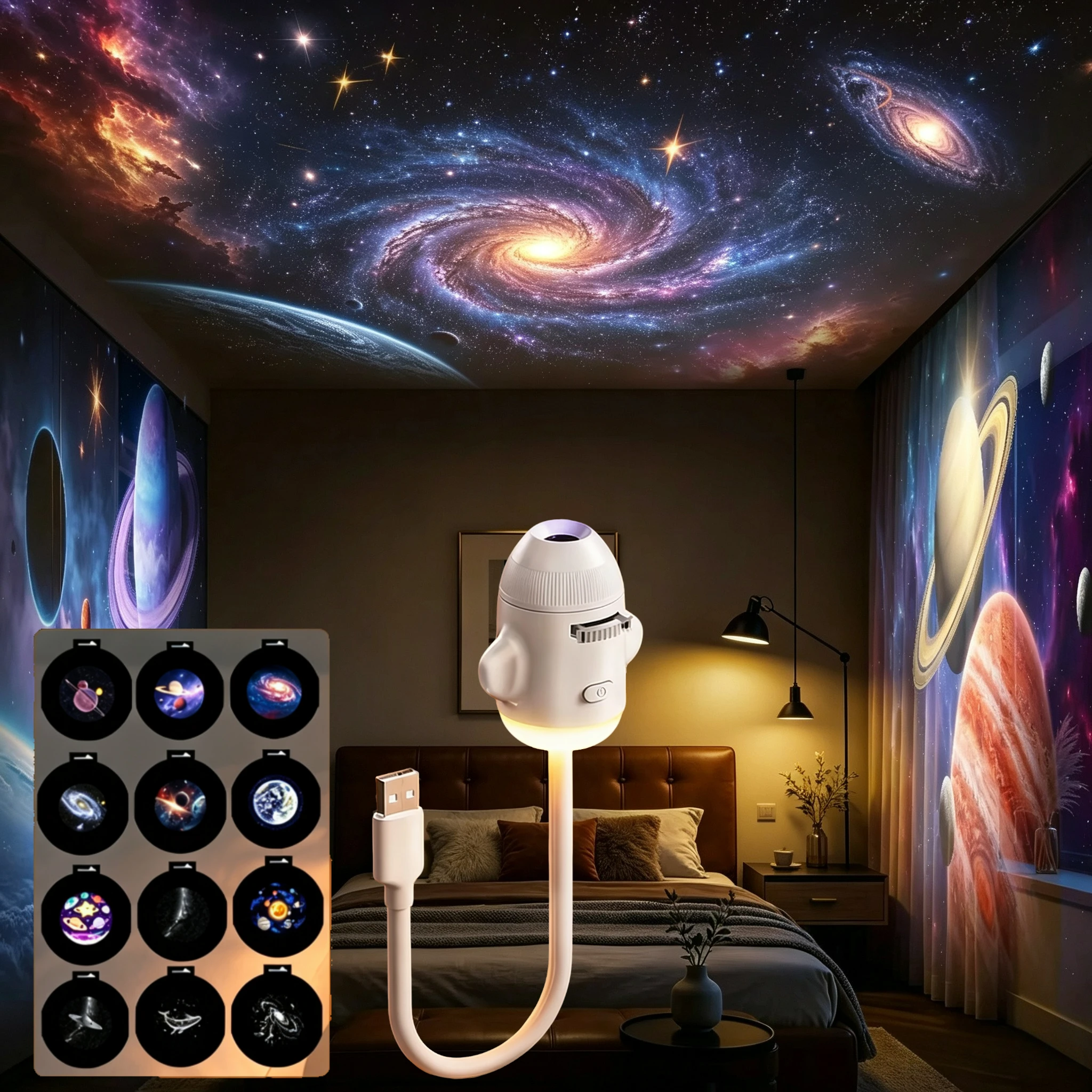 2-in-1 Rocket Galaxy Projection Light Adjustable Focus Ambient Star Projector Lights Car Projection Lamp Space Moon Night Light