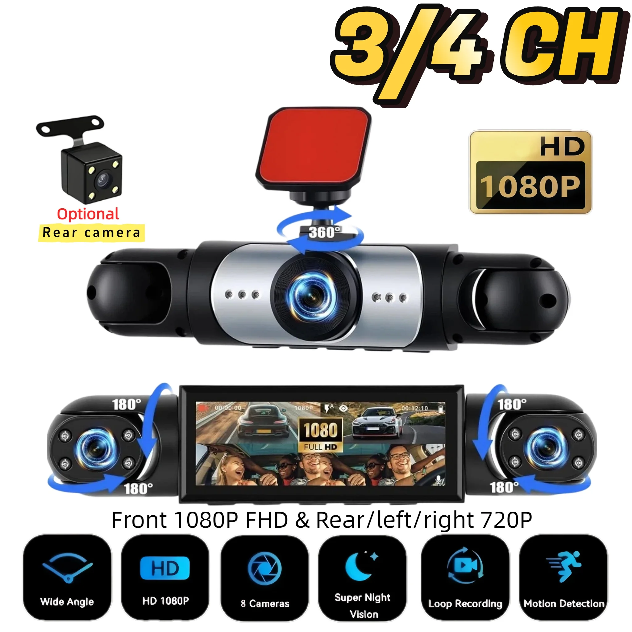 1080P+720P 3/4-Channel Dash Cam, Multi-angle Synchronous Recording, Full Surround Vision to Reduce Vehicle Blind Spots